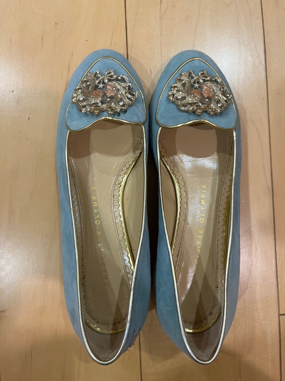 Charlotte Olympia Blue Suede Loafers with Gold Ornate Toe Emblem